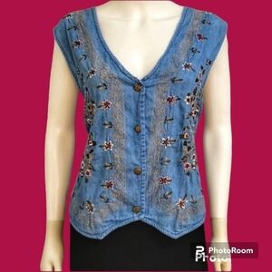 Vtg 80s TANTRUM BLUES Cottage Floral Embroidered Chambray Waistcoat Vest